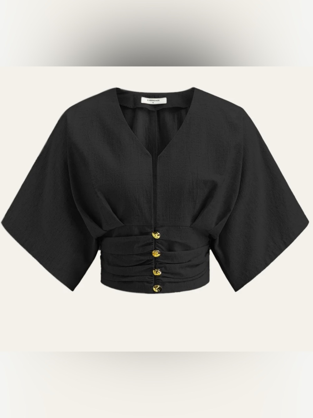 Commense Kimono Cropped Gold Button-Front Linen Blend Top in Black, size XL